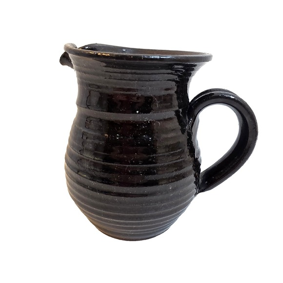 Handmade Other - Vintage Studio‎ Pottery Black Glazed Stoneware Pitcher Ribbed Handcrafted Jug